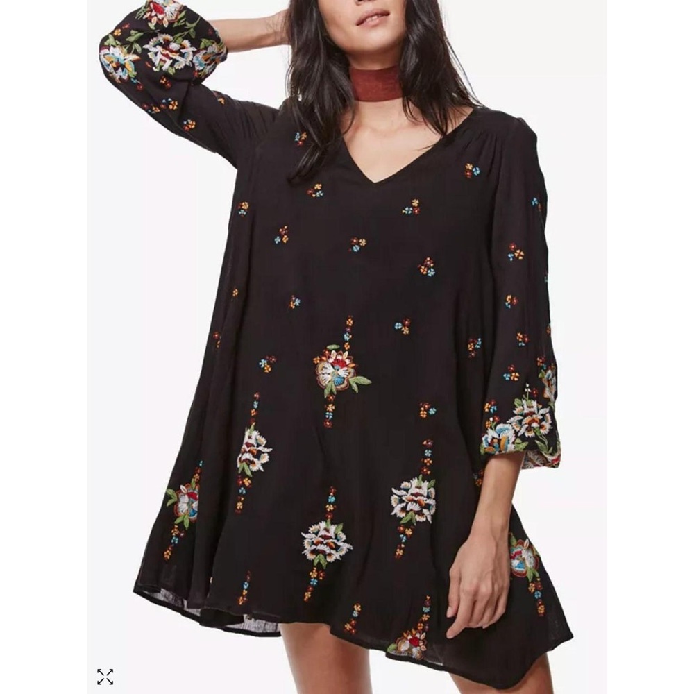 Free People Black Oxford Floral Embroidered Boho Swing Dress
